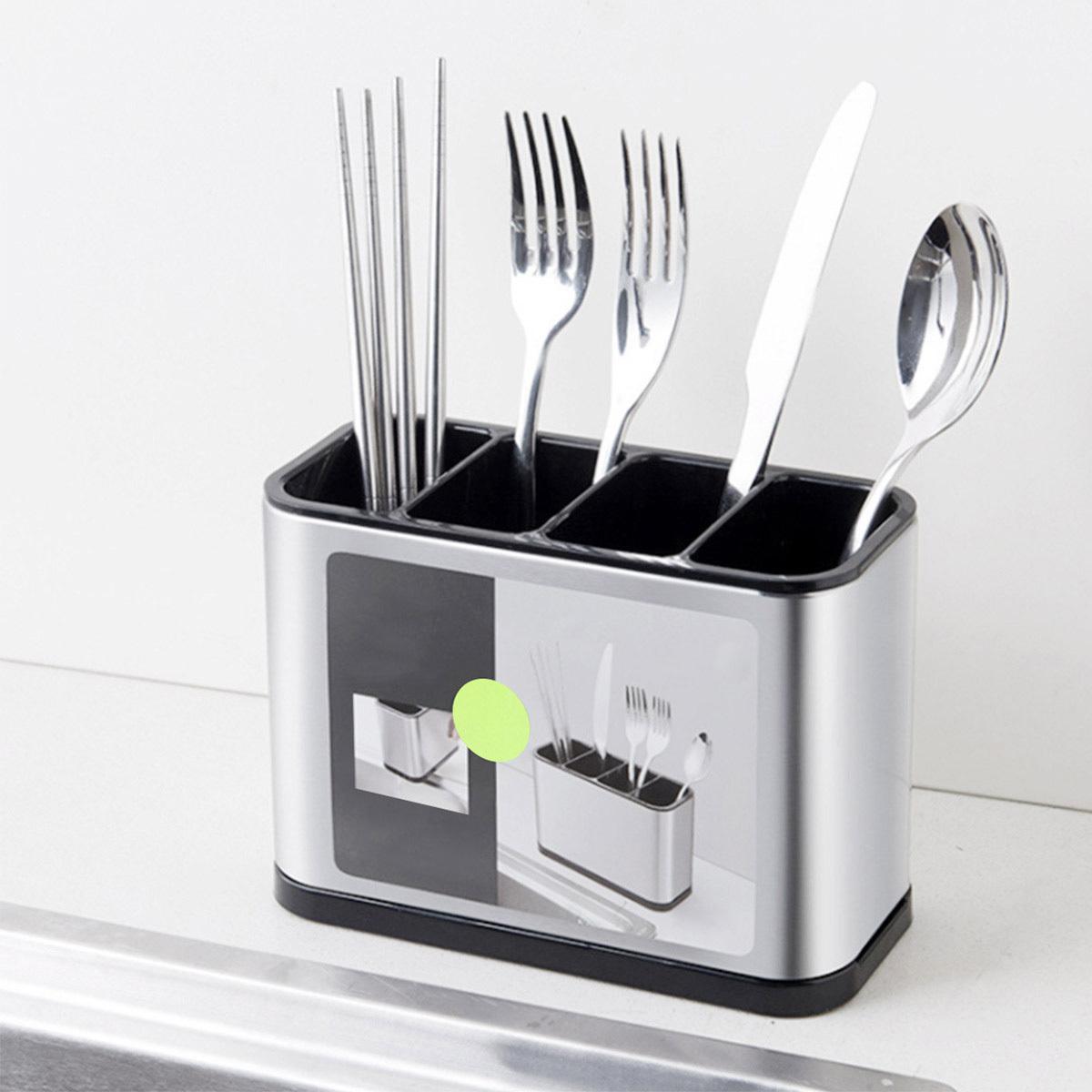 Bandeja para cubiertos de acero inoxidable resistente al óxido – Juego de 2 piezas con función de almacenamiento en la encimera, con cuatro compartimentos, antideslizante, resistente a los arañazos y con diseño de drenaje – Ideal para cocinas Bandeja para cubiertos de acero inoxidable con 4 compartimentos separados,uego de dos piezas