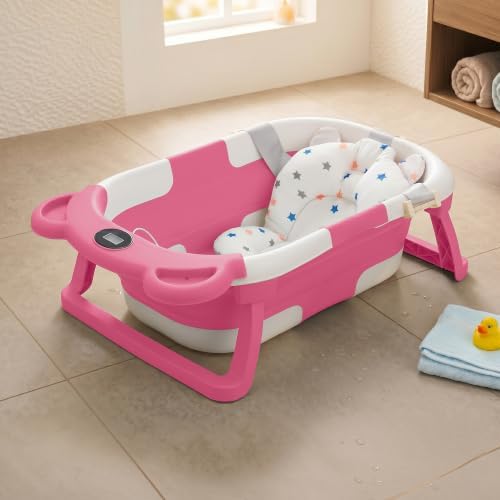 Bebbly Bañera para Bebé Moderna Tina de Baño Plegable para Bebé, con Sensor de Temperatura y Cojín Antideslizante, Segura para Bebé Recién Nacido a 12 meses. ¡Garantiza Tranquilidad y Practicidad para tu Bebé! (Rosa) : .mx: Bebé