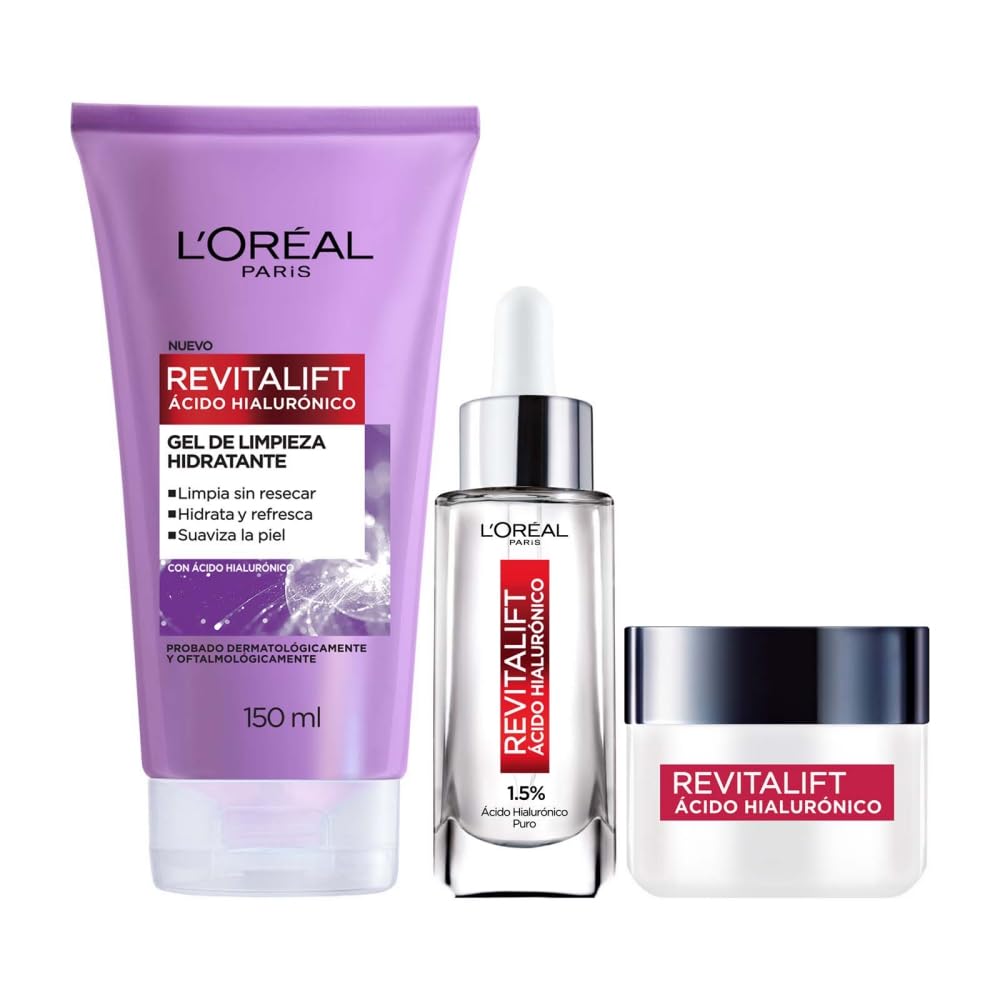 L’Oreal Paris Rutina facial hidratante Revitalift Ácido Hialurónico (3 piezas): Sérum facial 30ml + Gel limpiador 150ml + Crema de día FPS20 50ml. Hidrata y rellena líneas de expresión, para todo tipo de piel