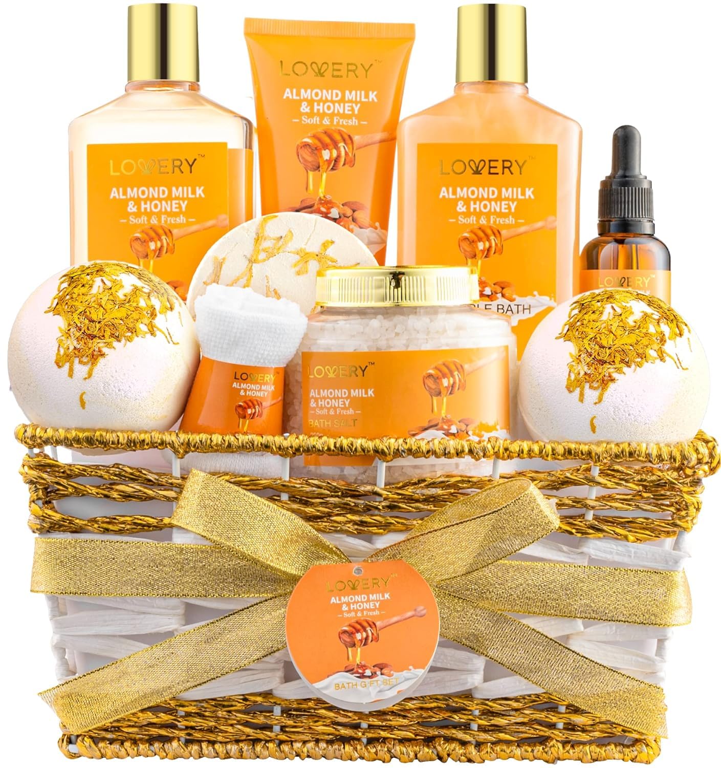 LOVERY Cesta de regalo para mujer – Juego de 10 piezas de leche de almendras y miel de belleza y cuidado personal – Paquete de mimos de baño en casa para aliviar el estrés – Kit de cuidado personal de spa – Regalo de agradecimiento, cumpleaños, mamá, día del padre