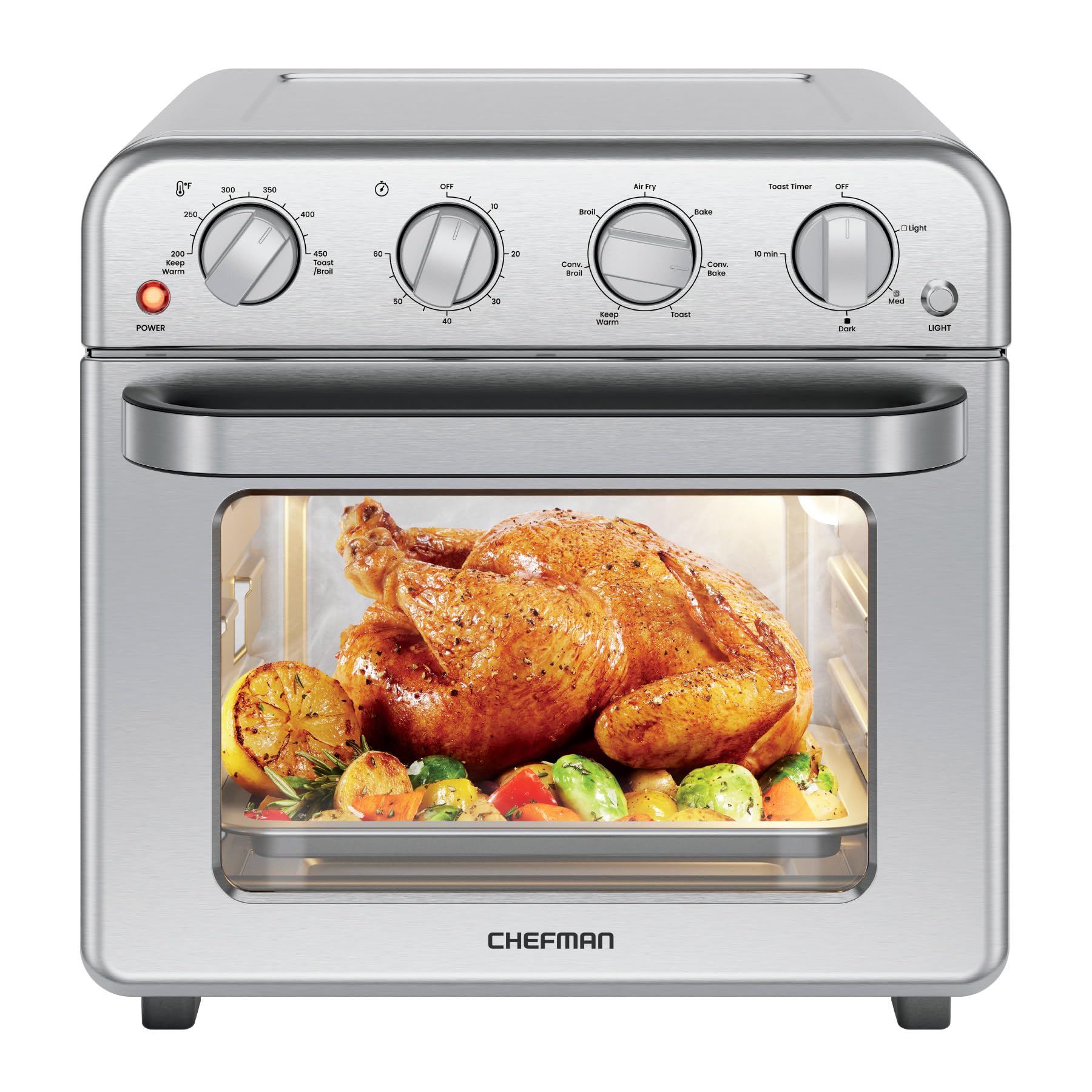 Chefman Combo de horno tostador de freidora de aire, 7 en 1, horno de convección extra grande de 18 L, cocinar una pizza de 10 pulgadas, temporizador integrado, apagado automático, acero inoxidable