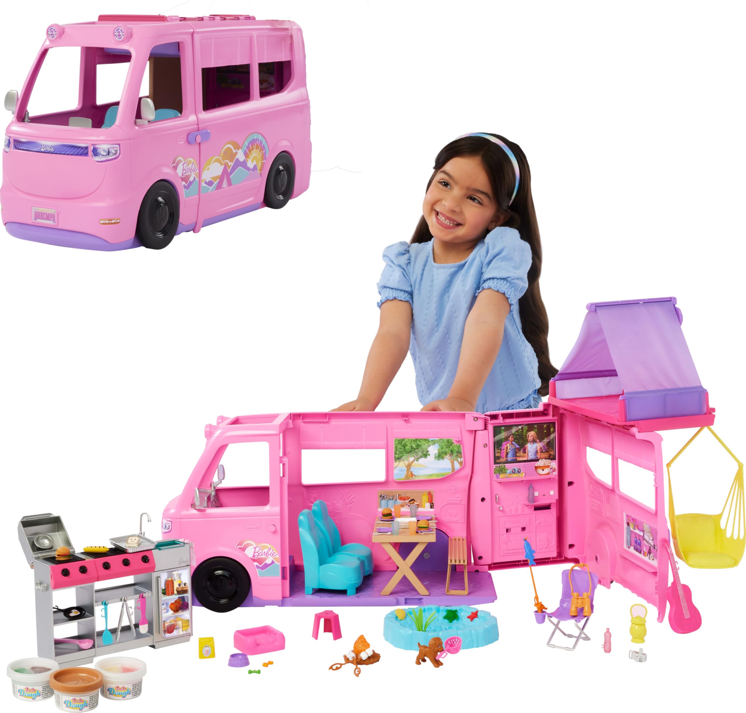Barbie Cámper de los Sueños con 60 Accesorios, Auto Transformable con Piscina y Tobogán de 76 cm, para Niñas de 3 Años en Adelante